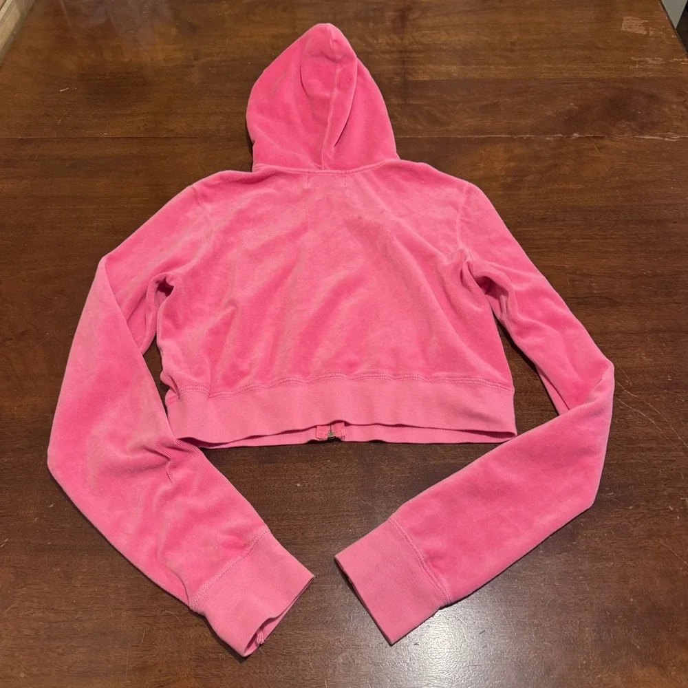Vintage Juicy Couture Pink Velour Zip Up Hoodie Y2K Cropped Jacket Large '02-'05 - Picture 6 of 10
